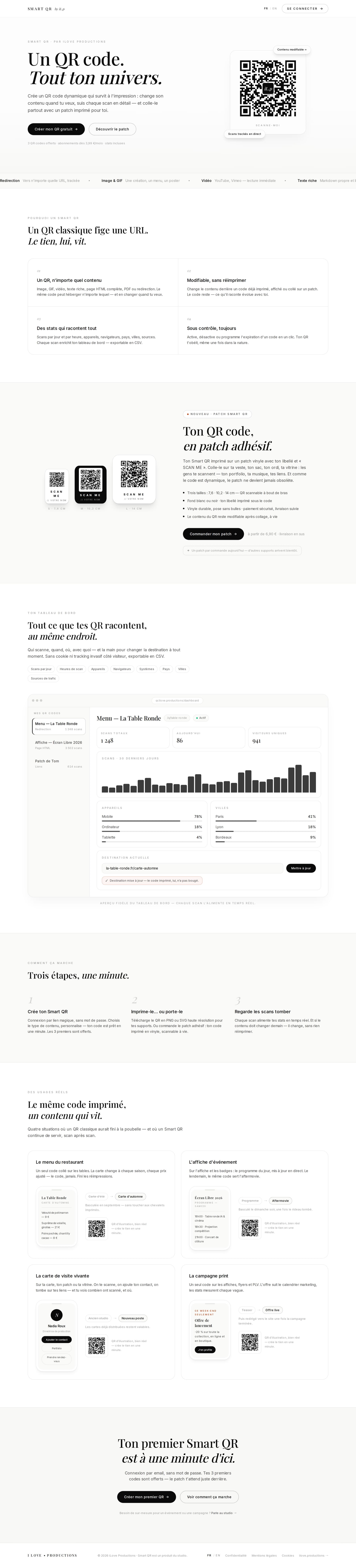The landing page — one QR code, your whole universe