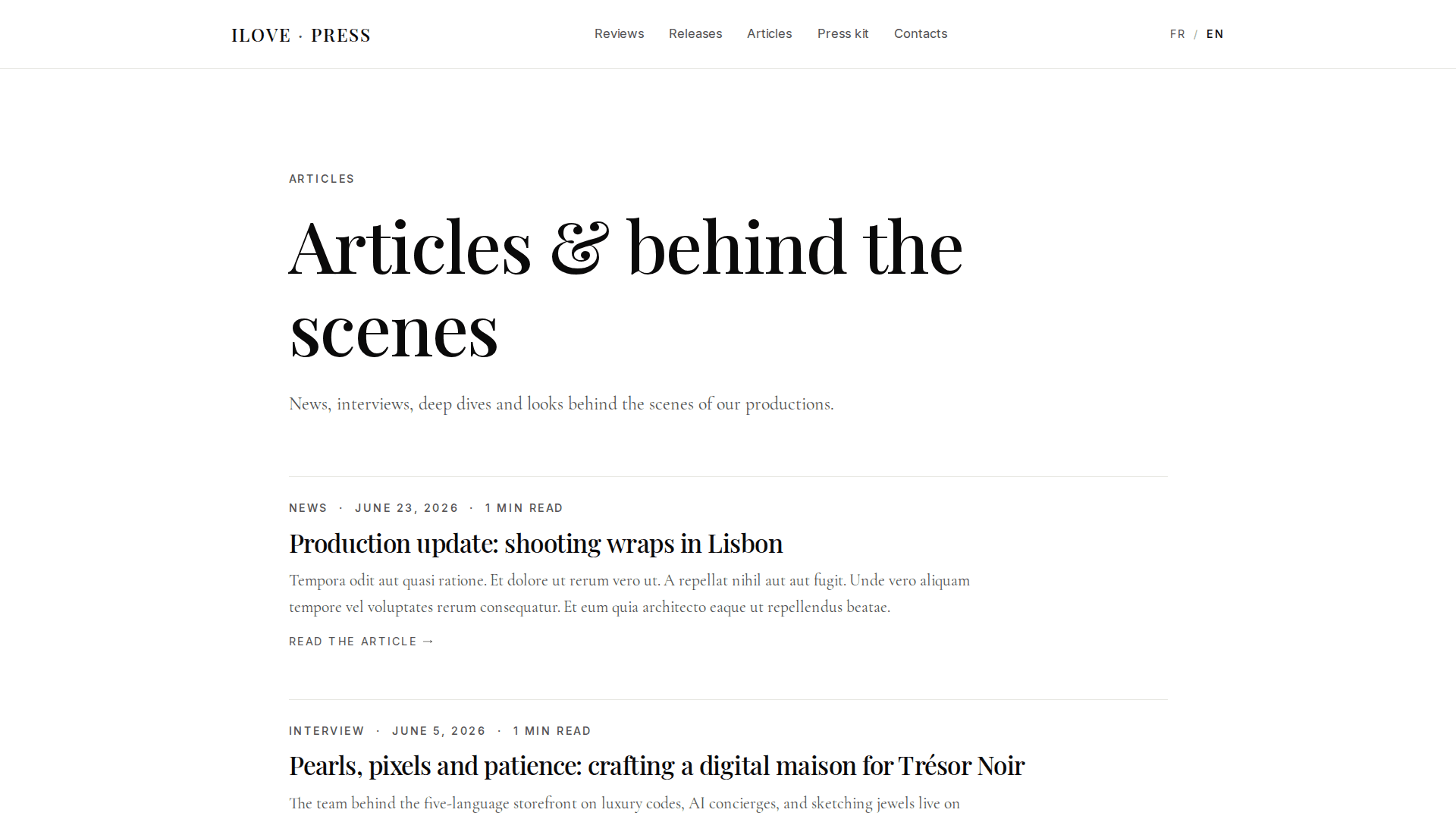 Articles & behind the scenes — every piece keeps its original date