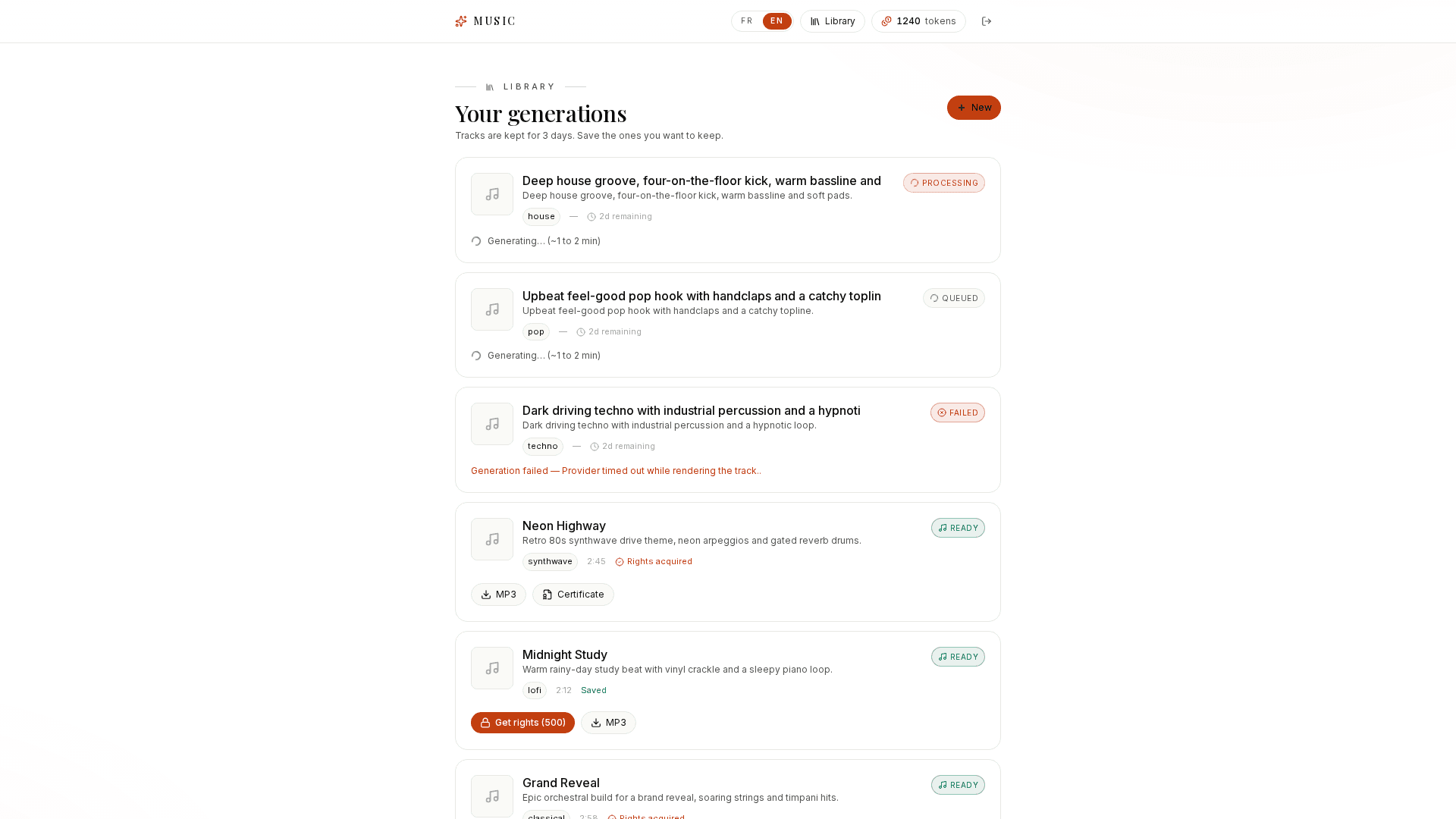 The library — live statuses, countdowns, rights and certificates