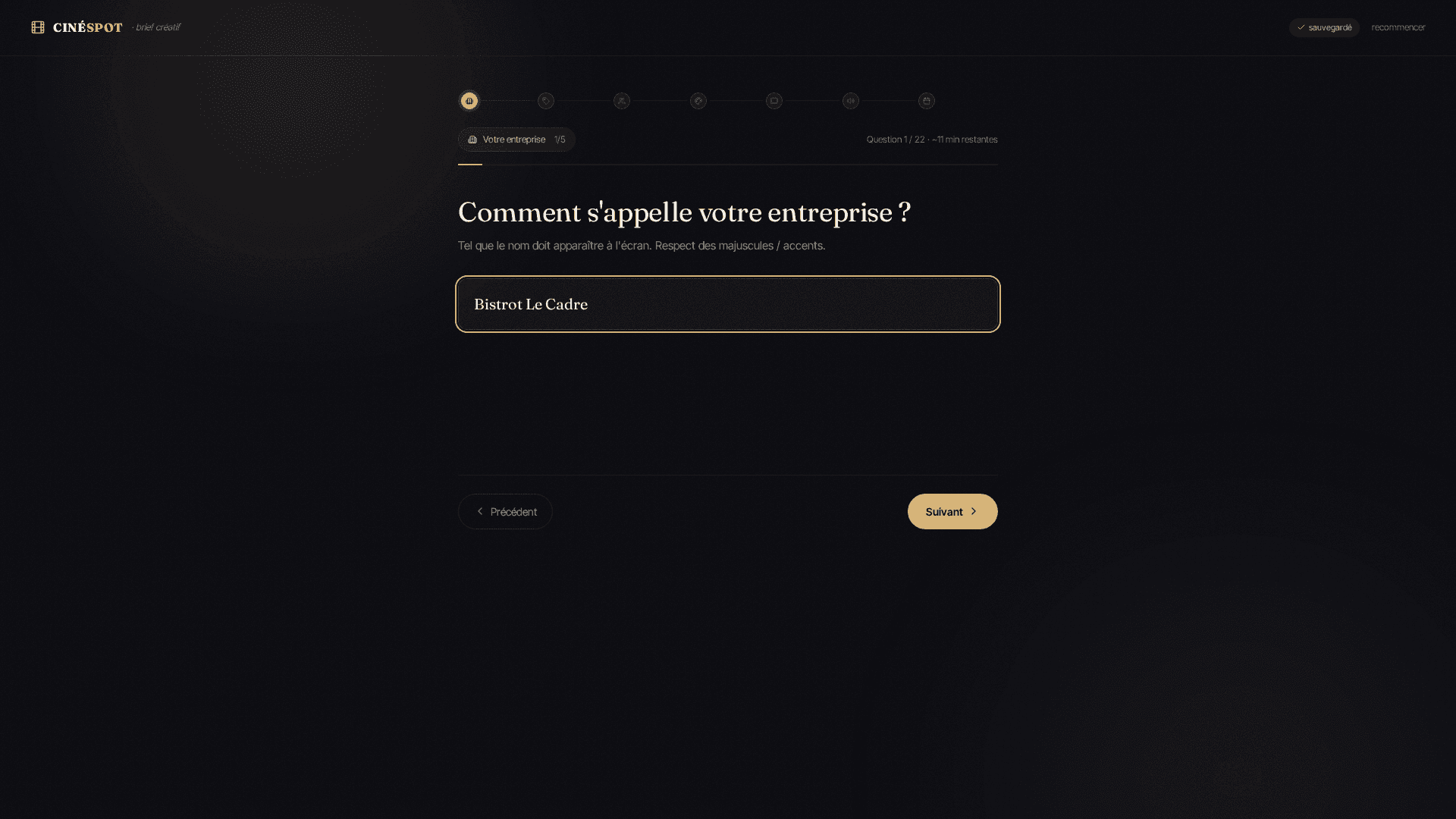 The guided wizard — 22 questions, auto-saved, resumable