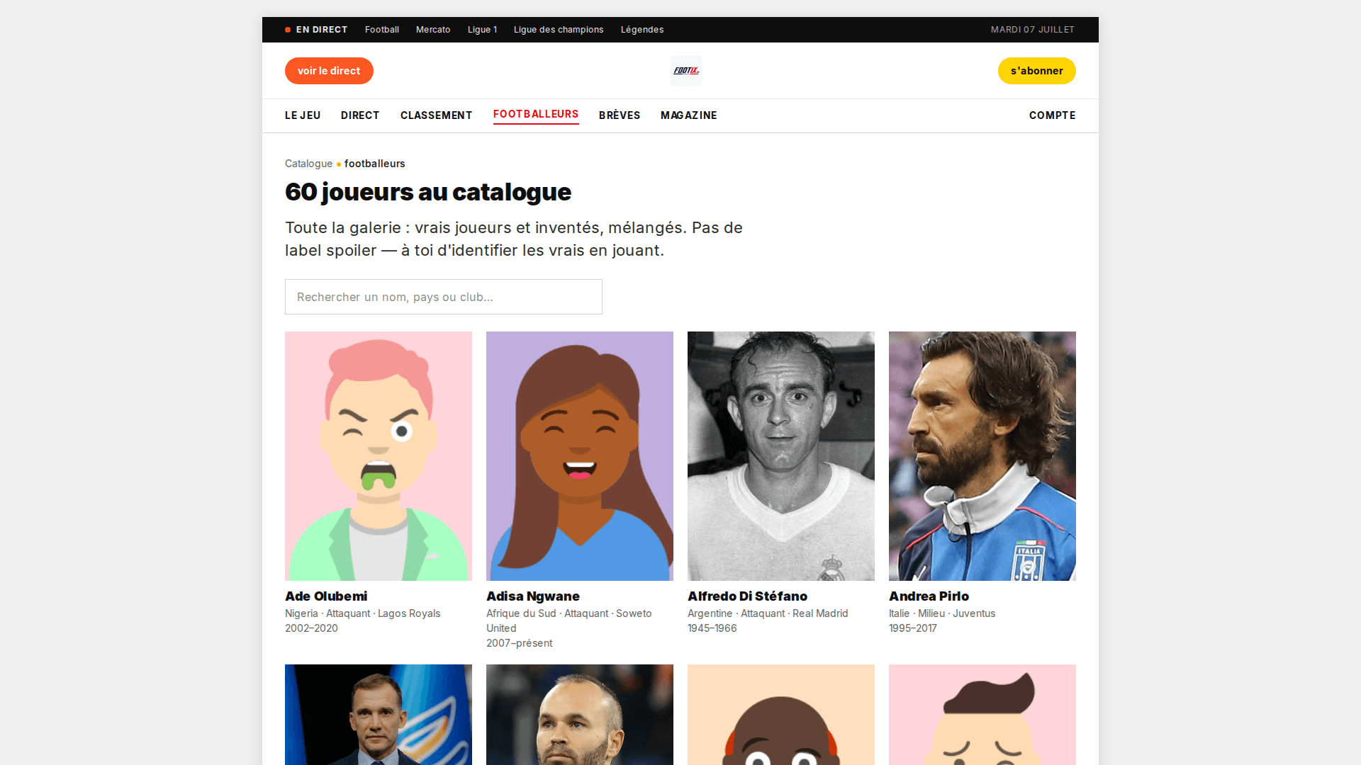 60 players in the catalogue — real and invented, unlabeled